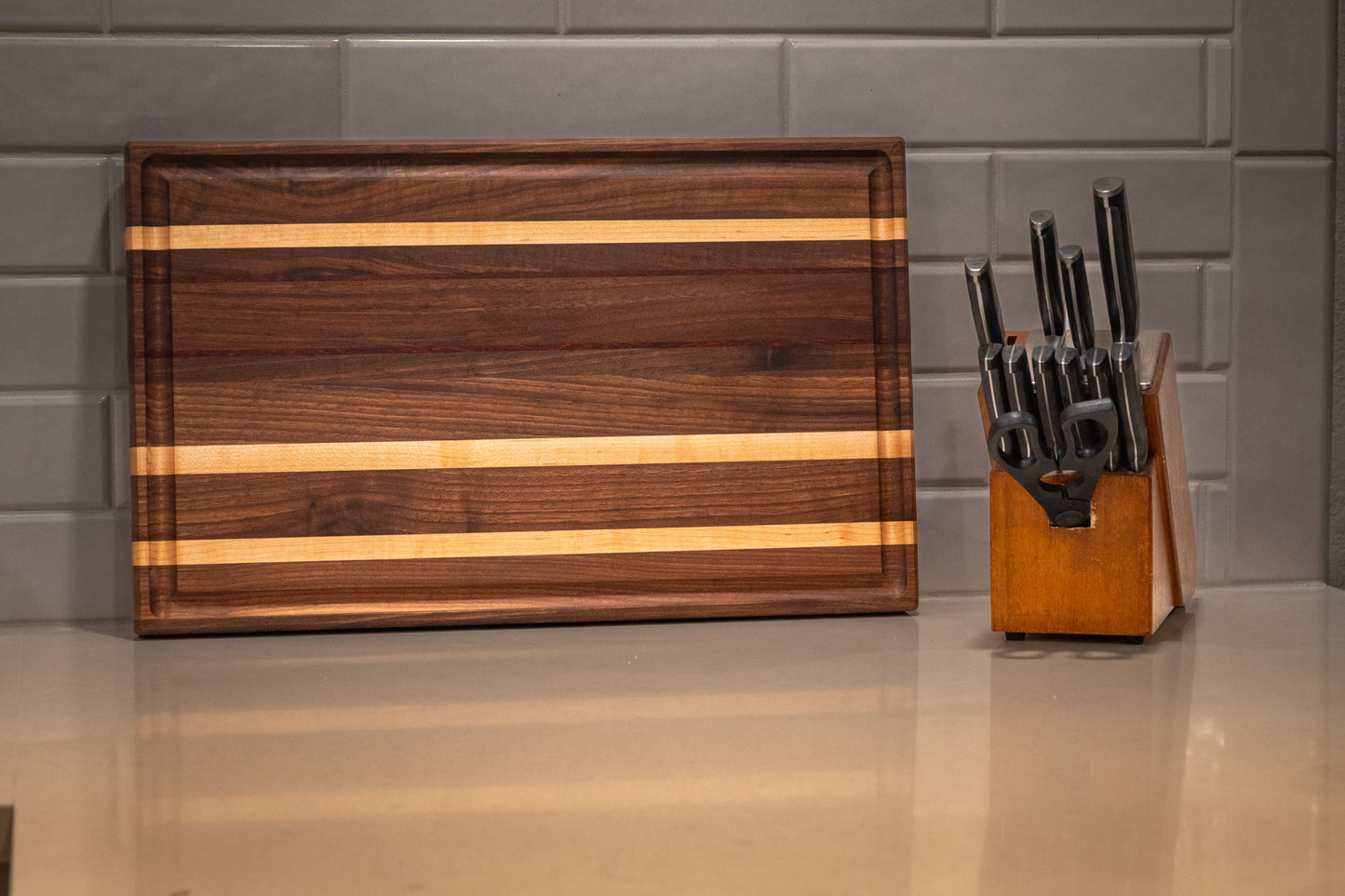 Large Premium Handcrafted Walnut Edge Grain Cutting & Serving Board with Maple & Padauk Accents