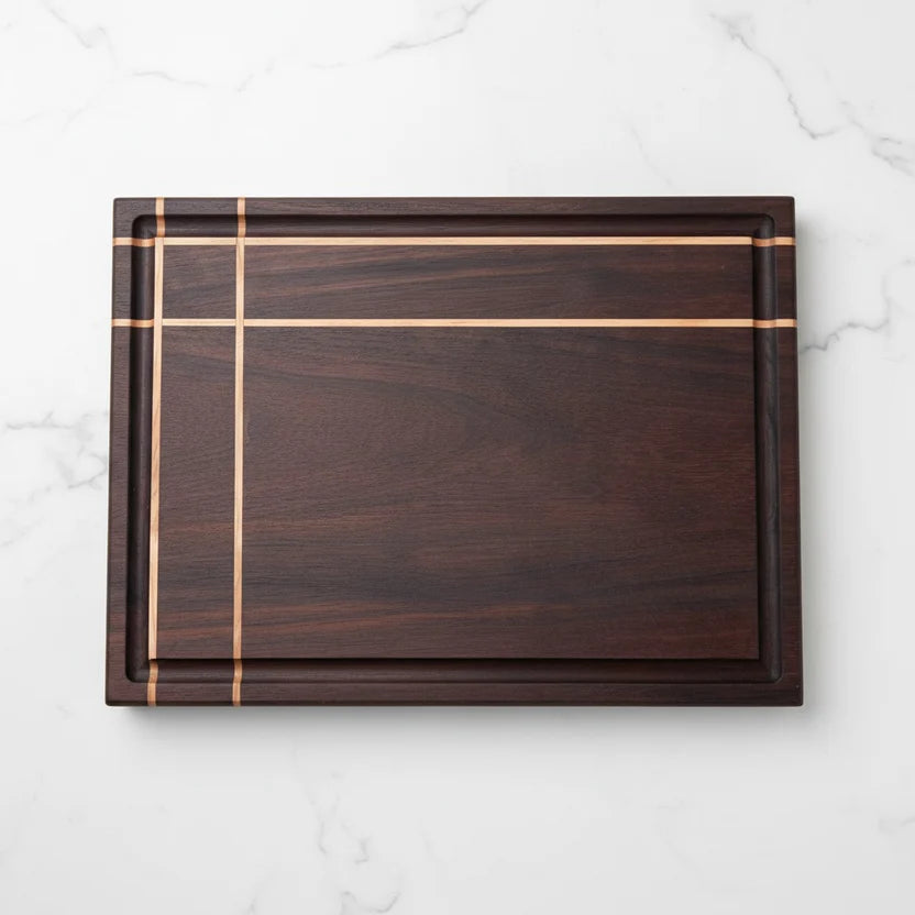 Handcrafted Walnut Cutting & Serving Board with Maple Accent Inlays - Dark Walnut