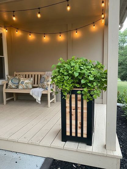 Handcrafted Tall Cedar Slat Planter with Modern Black Accents